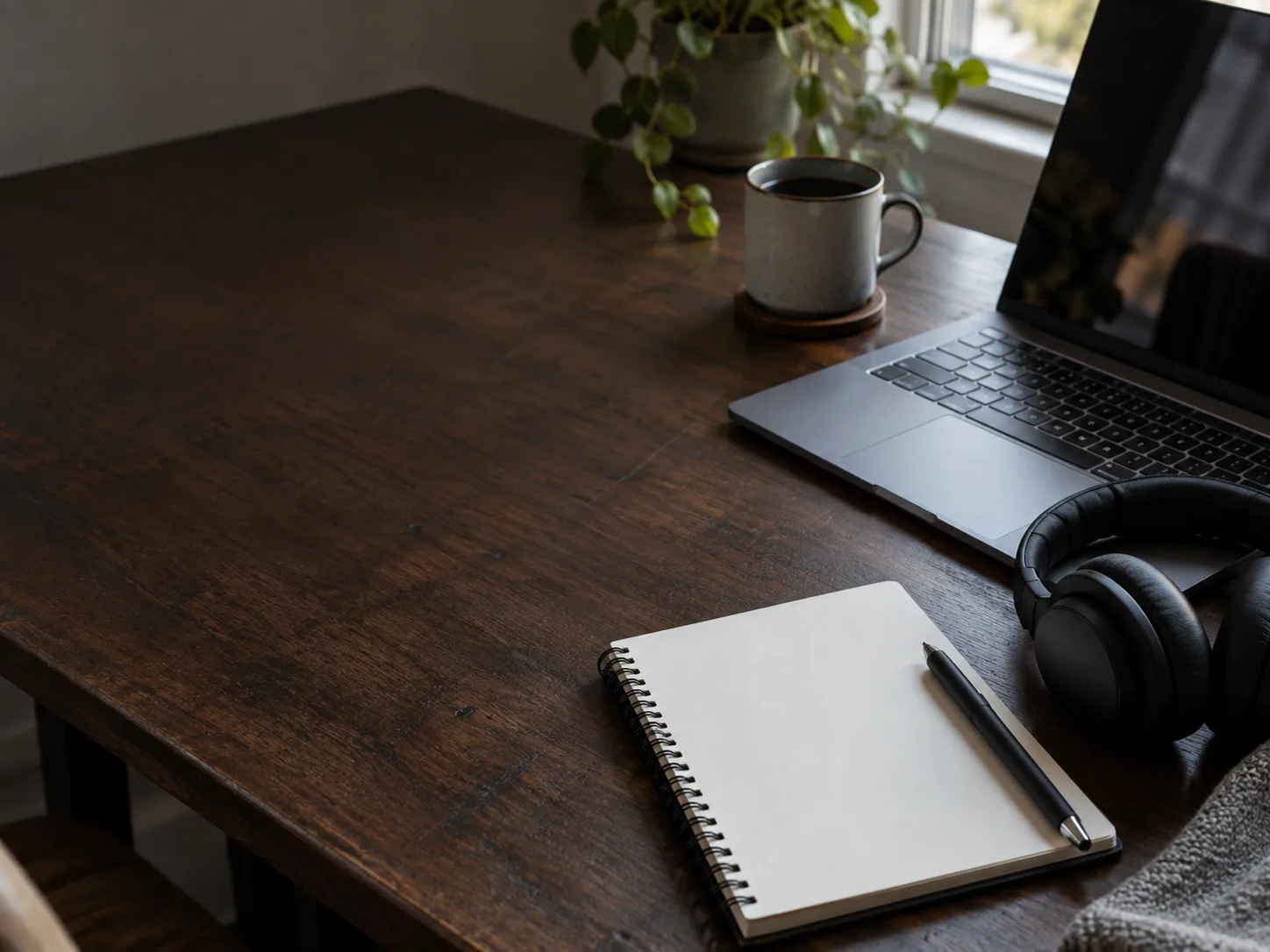 Audio review setup with headphones and a notebook